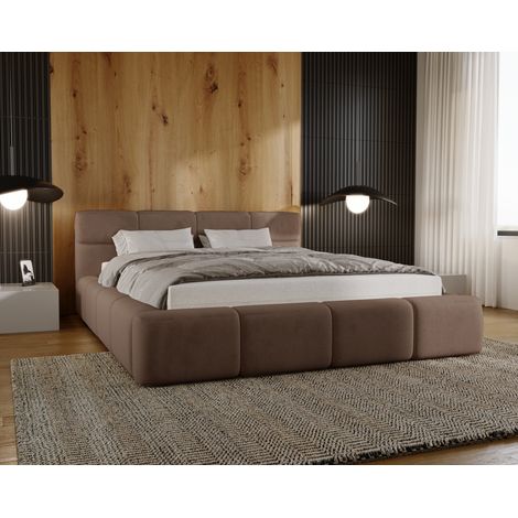 Emporius Lit double 140x200 Oslo, lit capitonné en velours avec rangement, tête de lit haute, Brun (1/5)