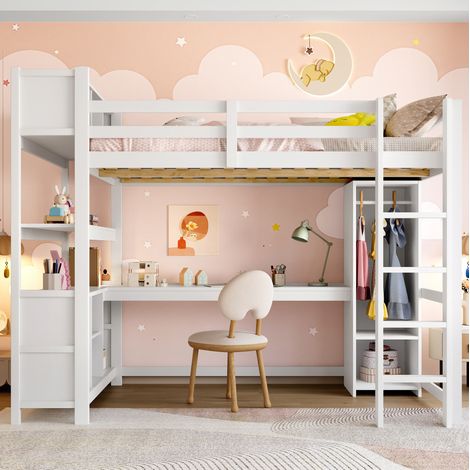Letto soppalco 140x200 cm in legno bianco, risparmia spazio in cameretta, senza materasso - FLORAGRACE (1/5)