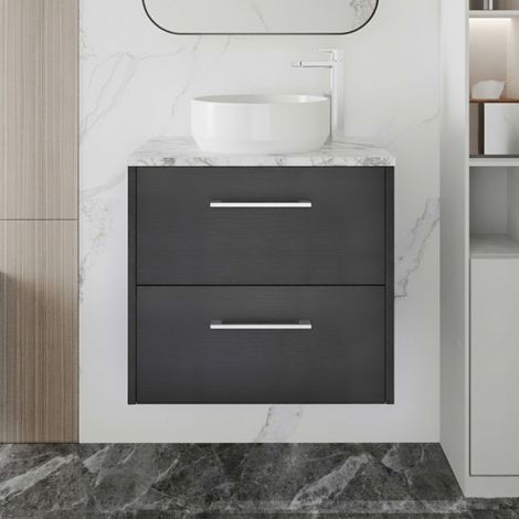 Hudson Reed Juno Wall Hung 2-Drawer Vanity Unit with Carrera Marble Worktop 600mm Wide - Graphite Grey Woodgrain (1/4)