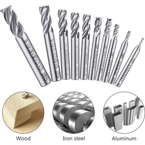 Lot de 10 forets à 4 cannelures - de 0,2 à 1,2 cm - Ensemble de forets à tige droite HSS CNC pour perceuse - Ensemble d'outils pour bois, aluminium, acier et titane (1/5)