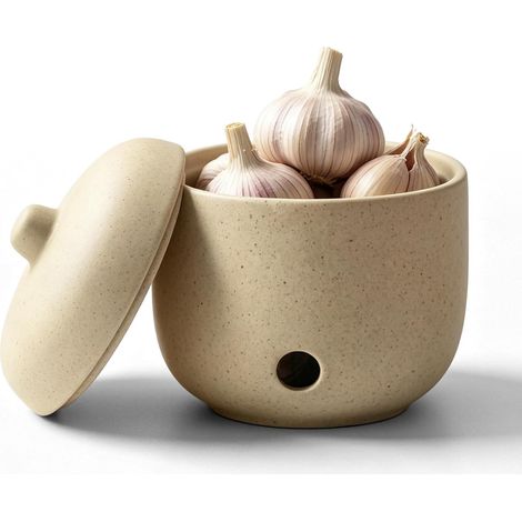 Pot à ail en céramique : rangement pour oignon, stockage à l'ail en céramique grossière avec couvercle et trous d'aération, boîtes de conservation en céramique blanche pour ail frais et gingembre, 10 (1/5)