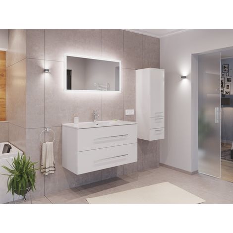 Badmöbel Set Firenze 100 3tlg. LED Spiegel und Seitenschrank weiß hochglanz