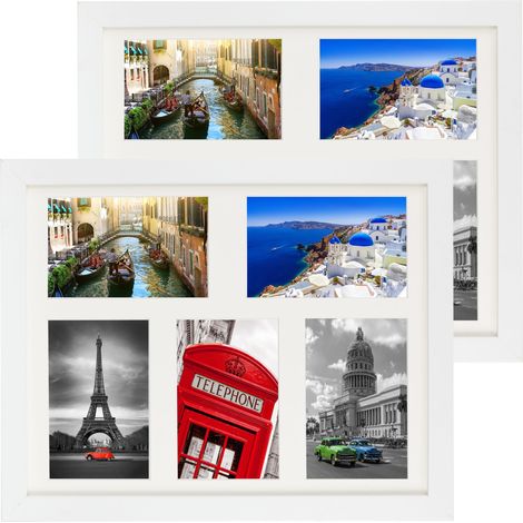 Set di 2 cornici portafoto, composizione multipla a parete 28x35 cm. Per 5 foto 10x15 cm. Colore bianco.