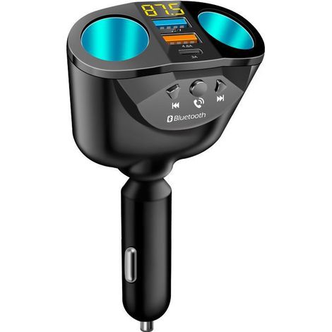 New QC3.0 car charger with dual USB ports, digital display, and 360-degree rotating A+C port, 4.8A Bluetooth, MP3 player, and cigarette lighter socket (with packaging). (1/4)