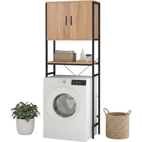 Relaxdays Washing Machine Cabinet – Shelves & Doors for Washer & Dryer, 170 x 64.5 x 27 cm, natural/black (1/5)