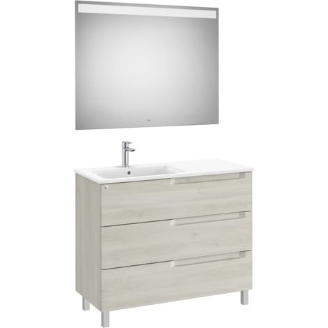 MUEBLE LAVABO IZQUIERDA 1000MM ALEYDA CON PATAS 3 CAJONES + ESPEJO BLANCO MADERA