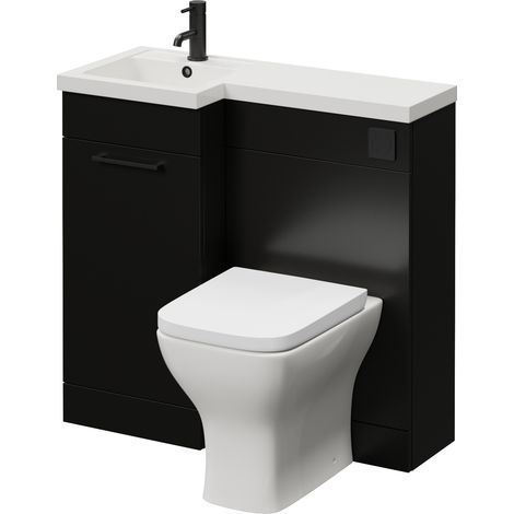 Napoli 390 Matt Black 900mm Single Door Vanity Unit Toilet Suite with Left Hand Square Lucia Basin - 900mm - Matt Black 160mm HandleWith Kingston Toilet Pan and Seat