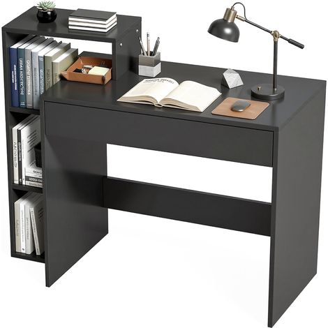 Moderner PC-Schreibtisch, 3 offene Regalfächer + Schublade, schwarzes Holz, 100 x 40 x 90 cm