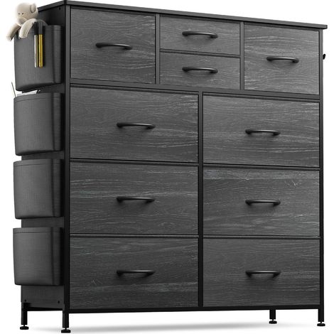 Commode 10 tiroirs tissu, rangement avec poches latérales et crochets, plateau bois, cadre métal, noir aspect bois (1/5)