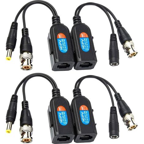 4 Pcs Balun HD Cat5 RJ45 vers BNC émetteur-récepteur Baluns Vidéo Passif avec Connecteur d'alimentation pour Caméra 1080P 3MP 4MP 5MP 8MP HD-CVI/TVI/AHD/CVBS / 960H (1/5)