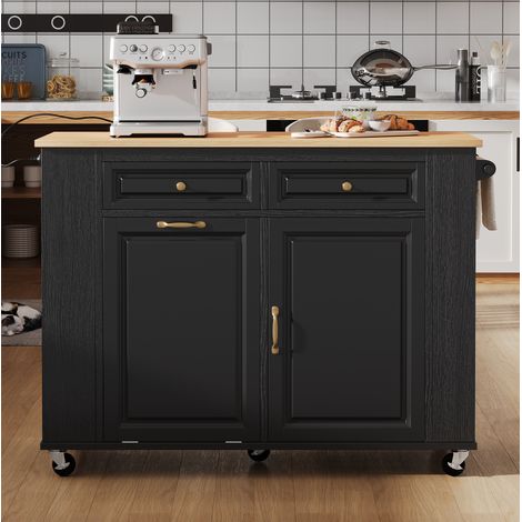 Desserte de cuisine 120x40-70x92 cm avec roulettes, plateau rabattable et prises, noir et naturel (1/5)