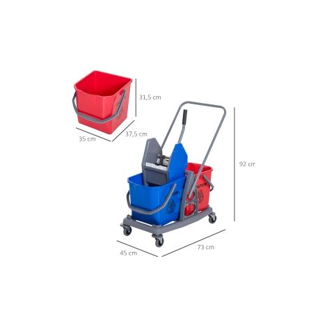 Chariot de nettoyage avec 2 seaux et 4 roues, Métal/PP, Bleu/Rouge, 73x45x92cm pour un nettoyage efficace (1/5)