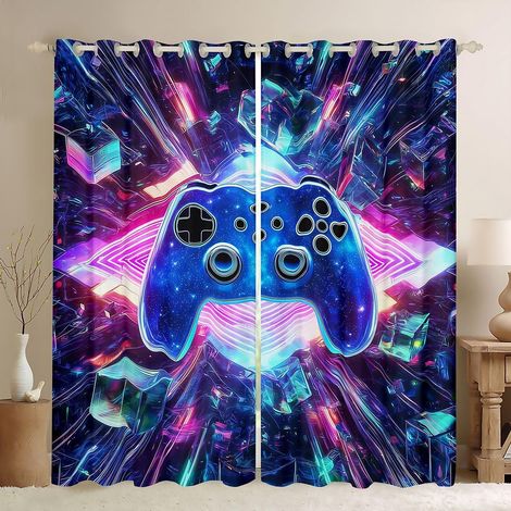 Rideau Occultant 140x260 cm Galaxy Gaming,Rideau 3D Cube Gamer,Rideaux Voilage Lumières de Néon Diamant,Voilage Fenetre Consoles de Jeu Modernes pour Chambre Salon - 140L X 260H cm (2 Panneaux) (1/5)