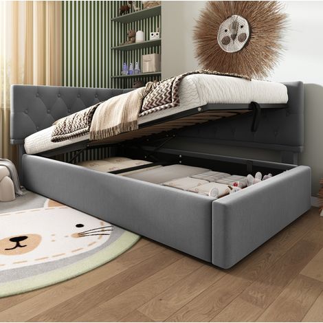 Letto daybed moderno 90x190 cm in velluto grigio, testiera laterale reversibile, contenitore idraulico e rete a doghe (1/5)