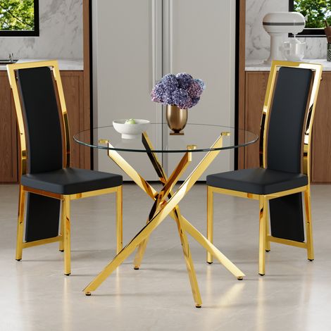 Ensemble table à manger ronde 88 cm en verre trempé avec 2 chaises PU noir et or (1/5)