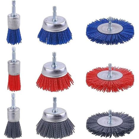 Lot de 9 Brosses Abrasives en Fil de Nylon, Brosse Nylon Perceuse avec Tige Hexagonale 1/4 Pouce, Outils Abrasifs Poncage Bois, Brosse Perceuse pour Enlever Rouille, Corrosion, Peinture (9) (1/4)