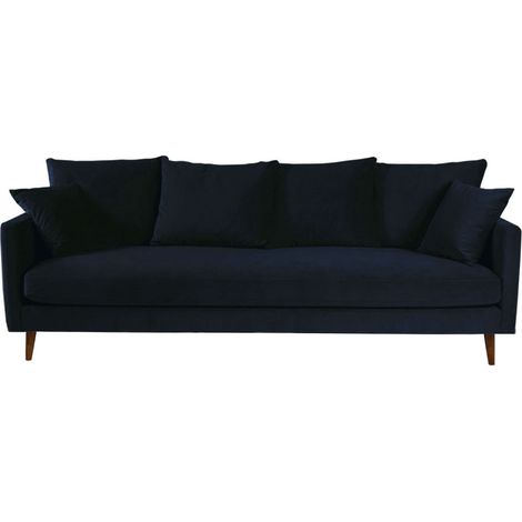 Canapé convertible 3 places en velours pieds bois foncé - Bleu marine - VILLABON (1/5)
