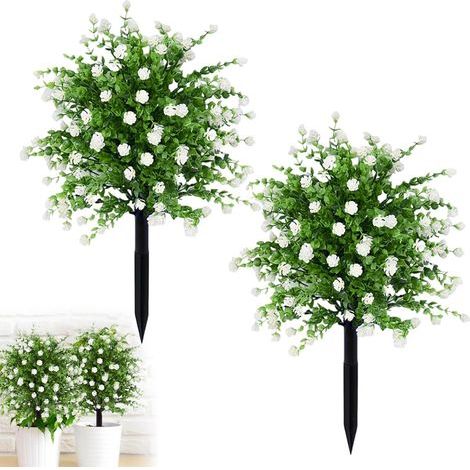 Lot de 2 buis sphériques artificiels avec fleurs, plantes artificielles d'extérieur avec piquet, plantes artificielles pour porte d'entrée, jardin, cour, terrasse et porche (blanc, 2 pièces) (1/5)
