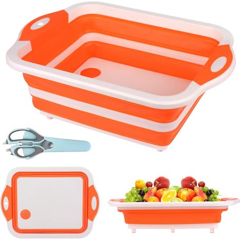 Planche à Découper Pliable Multifonction 3 en 1, Panier à Découper Panier de Rangement Portable Évier Pliable pour Les Cuisines, Le Camping (Orange) (1/5)