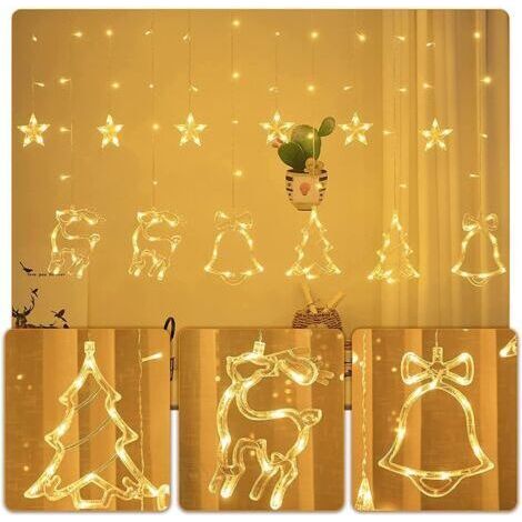 NALOOKAMIC  Rideau lumineux de Noël, guirlande lumineuse de Noël, renne, arbre étoilé, intérieur et extérieur, 8 modes USB, décoration de Noël