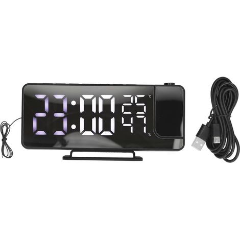 Réveil Projection Miroir Numérique avec Radio, Double Alarme, Capteur Lumière, Charge USB, Écran Rotatif 180°, Température Humidité (1/5)