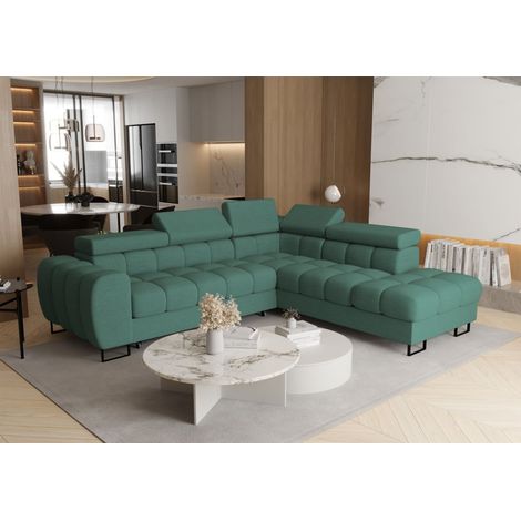 Ecksofa Schlafsofa BASTIEN MAX in Stoff Moly Grün Ottomane Rechts