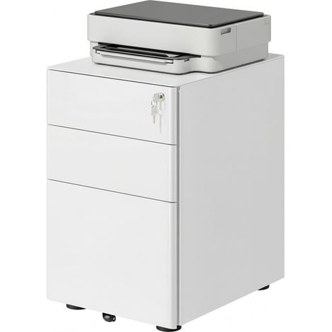 Caisson de bureau 3 tiroirs en acier avec serrure et roulettes, 39x48x59cm, blanc (1/5)