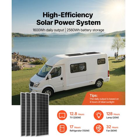 Kit Solaire Complet Hors Réseau 400 W 12 V 4 Panneaux Solaires Monocristallins 100 W, Batterie LiFePO₄ 12,8 V 200 Ah, Contrôleur de… (1/5)