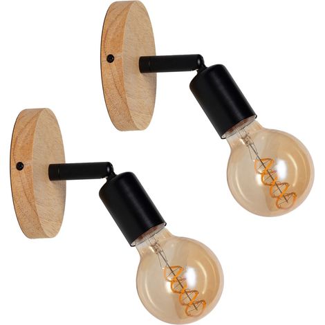 Lot de 2 appliques murales pivotantes bois et métal noir Ø6 cm