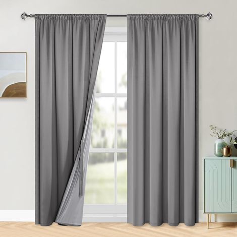 Lot de 2 rideaux 100 % opaques pour salon, avec galon fronceur, rideaux pour chambre à coucher, double épaisseur occultants, thermiques, protection contre le froid, 245 x 140 cm (H x l) - Gris (1/5)