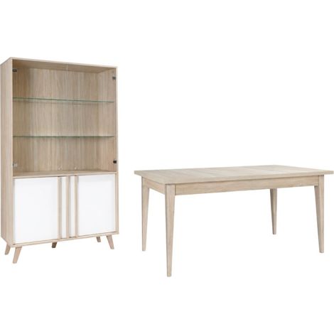 Salle à manger complète MALMO avec table extensible et vitrine LED – Chêne clair et blanc (1/5)