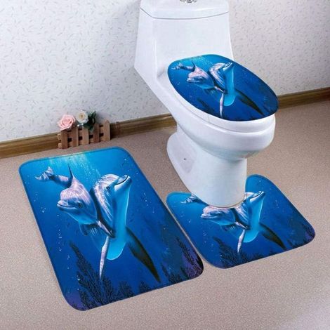 Tapis de bain et moquettes Dauphin Bleu Ensemble de 3 pièces Tapis de bain Housse de siège de toilette et tapis Ensemble de salle de bain Tapis en forme de U (1/4)