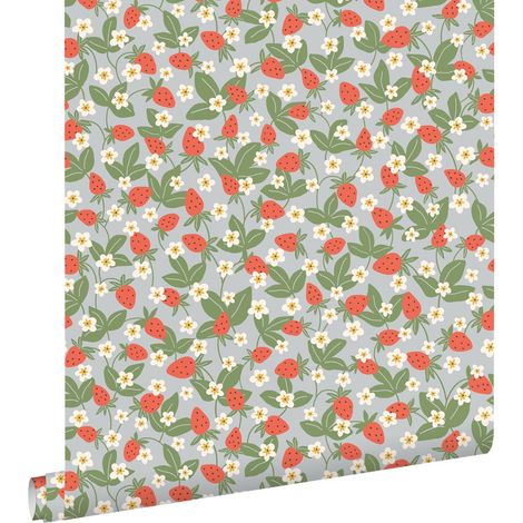 papier peint fraises bleu, vert et rouge - ESTAhome (1/5)
