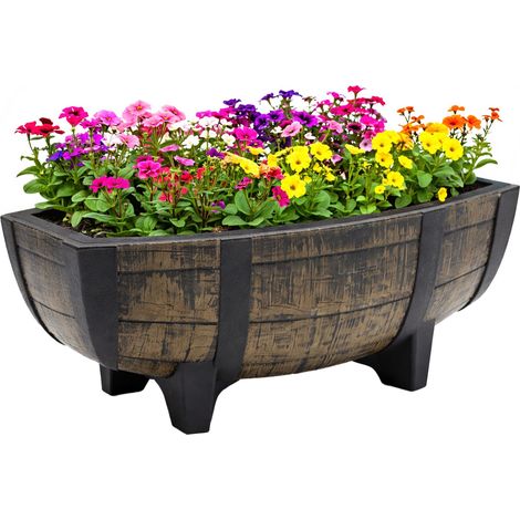 Kunststoff Pflanzschale in Eichenfass Optik braun mit Drainageboden - 41 x 30 cm - Blumenkübel halbes Holzfass Design mit Staunässeschutz