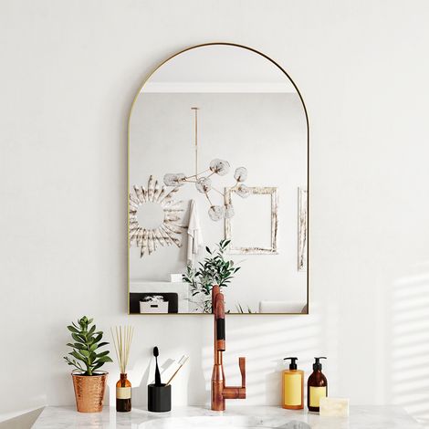 Gewölbter Wandspiegel, Badezimmerspiegel mit Rahmen aus Aluminiumlegierung für Schlafzimmer, Wohnzimmer, Eingangsbereich, 60 x 90 cm, Gold