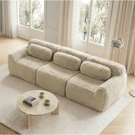 Sofá esquinero modular 180/200 cm en tejido de felpa, sin montaje, 3 paquetes, caqui claro (1/5)