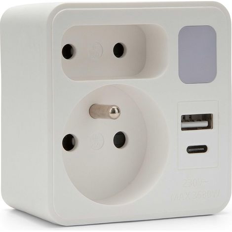 Biplite frontale 2 prises 16A + 6A norme française avec 1 prise USB-A et 1 prise USB-C. Avec veilleuse. Multiprise 5 en 1 idéale pour brancher votre téléphone, tablette (1/5)