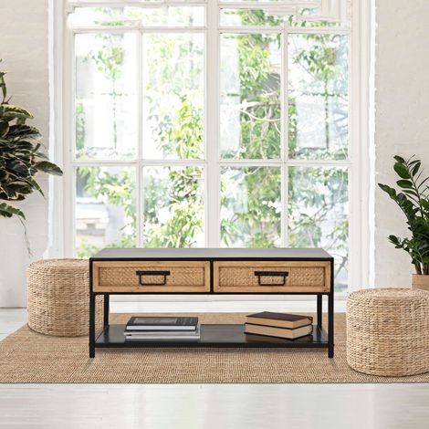 Mueble para TV Boquete, 2 cajones, 2 estantes, acabados en ratán, 95x38x38h cm roble marrón (1/5)