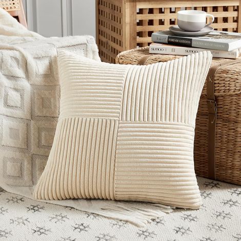 Lot de 1 Boho Housse de Coussin 35x35 Beige,à Motif Croisé Decoration Housses de Coussin en Velours Côtelé,Douillet Taie d'oreiller Housse Coussin Moderne pour Canapé Chambre Chaise Lit