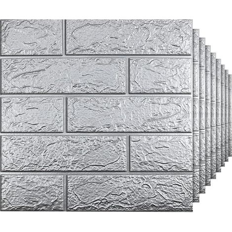 Lot de 10 Panneaux Muraux 3D Autocollants – 35x38 cm Papier Peint Brique Auto-Adhésif Étanche pour Mur Intérieur, Maison, Gris Argenté