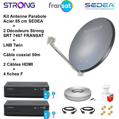 Kit Parabole Acier 85 cm Anthracite + LNB Twin HD 4K + 2 Décodeurs SRT 7407 FRANSAT + Câble coax 50m + 2 Câbles HDMI + 4 Fiches F (1/5)