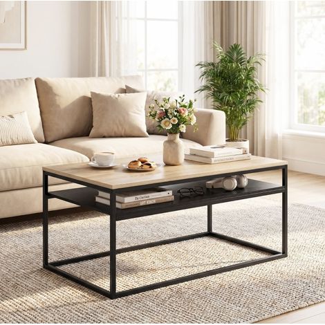 Tavolino da caffè con ripiano, stile industriale, 100 x 59,8 x 47 cm, finitura rovere, nero (1/5)