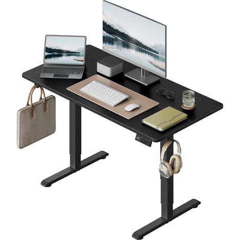 WOLTU Escritorio eléctrico regulable en altura 120x60x72-118 cm, negro, con 3 memorias de altura y 2 ganchos Ganchos