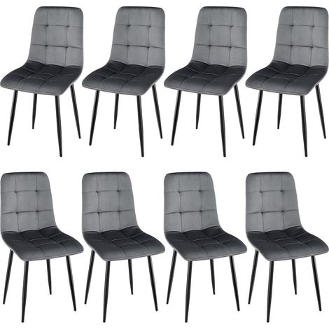 Lot de 8 chaises de salle à manger rembourrées velours gris foncé dossier haut pieds métal (1/5)