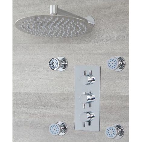 Milano Mirage 2 Outlet Triple Thermostatic Mixer Shower Valve with 300mm Wall Mounted Round Rainfall Shower Head and Four Body Jets - Chrome (1/4)