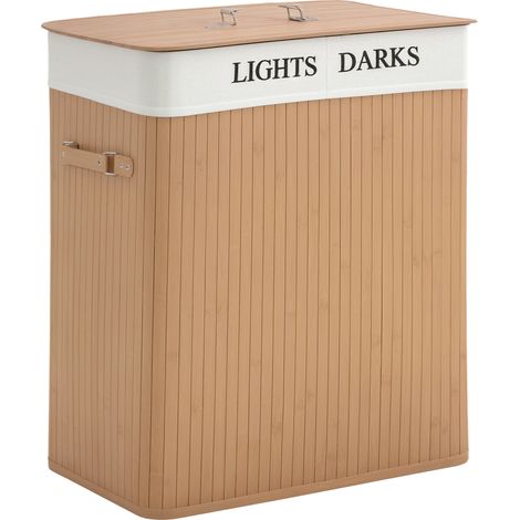 HOMCOM 100L Laundry Hamper Basket Wooden Washing Clothes 2 Sections Bin Natural wood finish