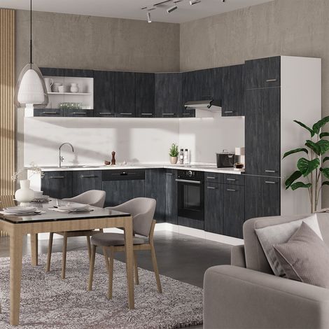 Cocina esquinera R-Line, Hormigón negro/Blanco, 287 x 227 cm sin encimera, Vicco (1/5)
