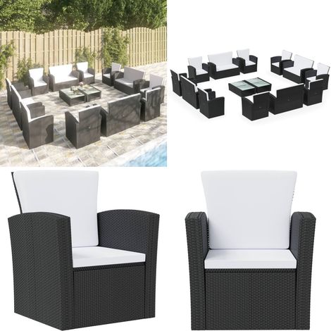 Set Divani da Giardino 16 pz con Cuscini in Polyrattan Nero - Poltrona da giardino - Set da giardino