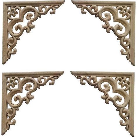 Lot de 4 moulures décoratives en bois non peintes, style européen, pour meubles et armoires. Motifs floraux sculptés. (1/5)