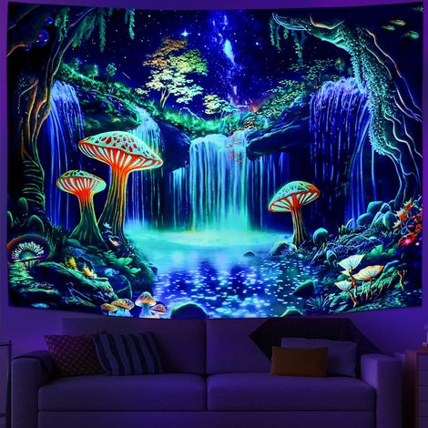 BEBUSINGOTO Tapisserie de forêt fantastique, tapisserie de cascade réactive aux UV, tapisserie de ciel étoilé psychédélique, tapisserie de plantes naturelles néon, décoration (L 59,1 "X H 51,2") (1/5)